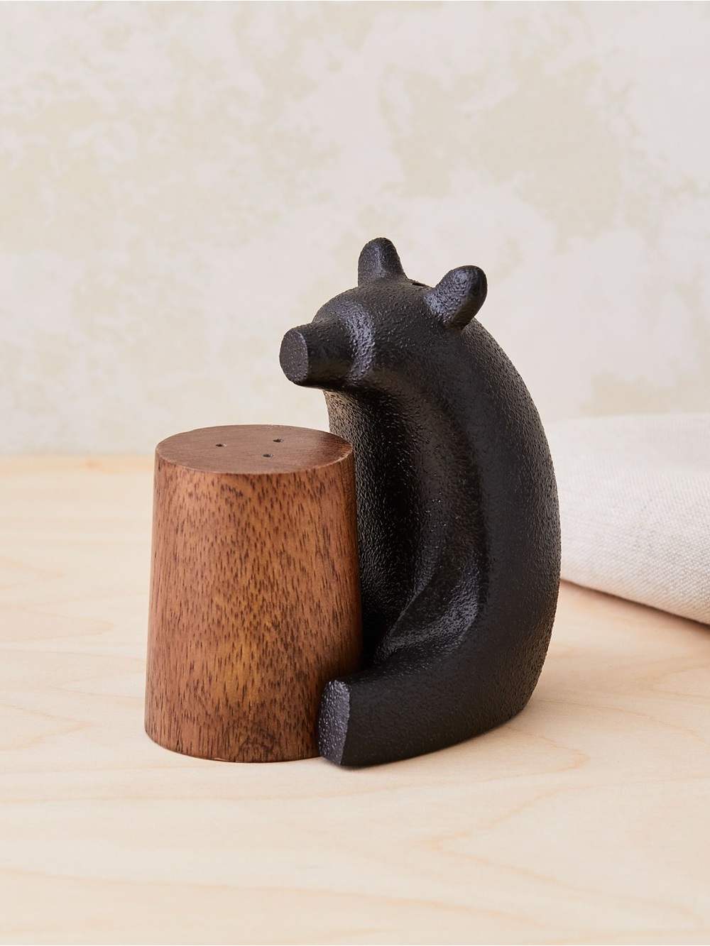 West Elm Bear Salt + Pepper Shakers - Black Bear and Wood New in Box